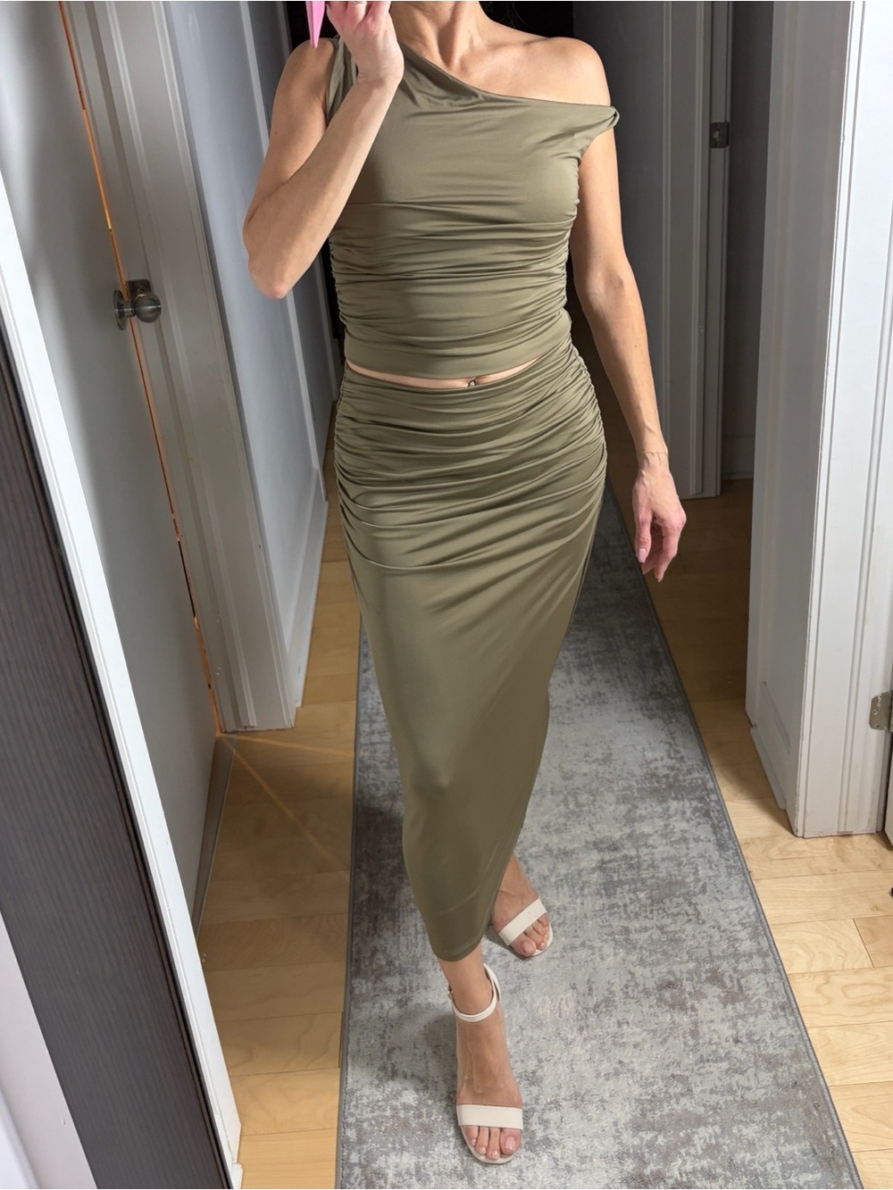 Dynamite Olive One-Shoulder Ruched Midi Skirt Set